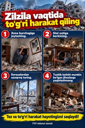 Zilzila vaqtida to‘g‘ri harakat qilish hayotingizni asraydi.