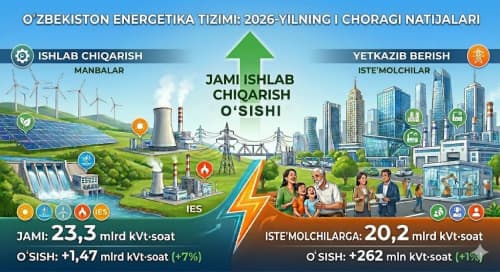 2026 йил январь-март ойларида ишлаб чиқарилган электр энергияси ўтган йилнинг мос даврига нисбатан 7%га кўп