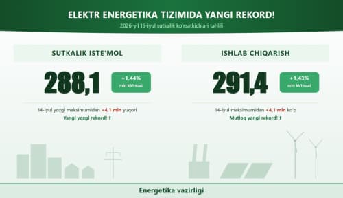 Электр энергияси бўйича икки рекорд: истеъмол ҳам, ишлаб чиқариш ҳам энг юқори кўрсаткичга чиқди
