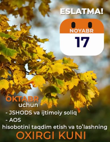 Soliq to‘lovchi – yuridik shaxsning 2025-yil noyabr oyi uchun kalendari