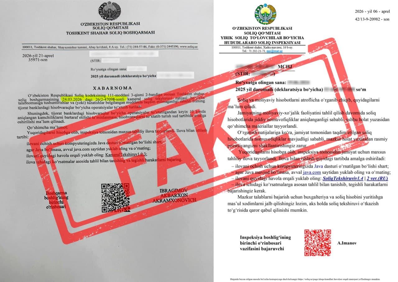 Ogoh bo‘ling: tadbirkorlarga soxta xatlar yuborilmoqda