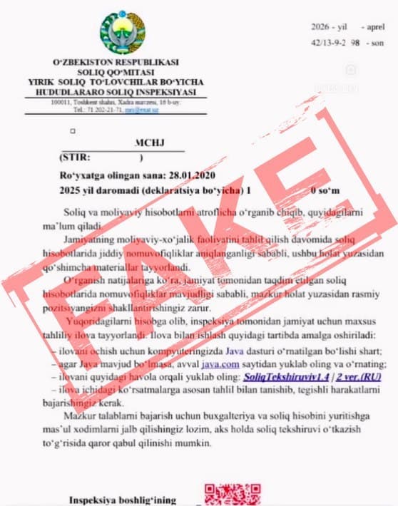 Diqqat! Soxta soliq xabarlari orqali firibgarlik holatlari ko‘paymoqda