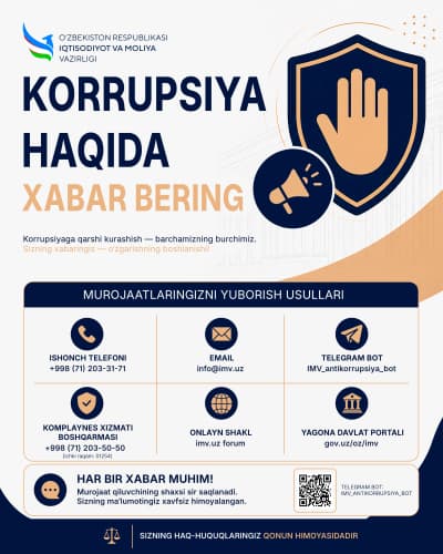 2026 yil birinchi yarim yillikda Iqtisodiyot va moliya vazirligi tizimida korrupsiyaga oid kelib tushgan murojaatlar toʻgʻrisida MAʼLUMOT