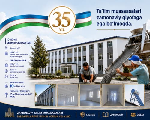 Kogon tumani: 10-maktabning 240 o‘rinli binosi ta’mirlanib, 330 o‘rinli qo‘shimcha yangi bino barpo etilmoqda