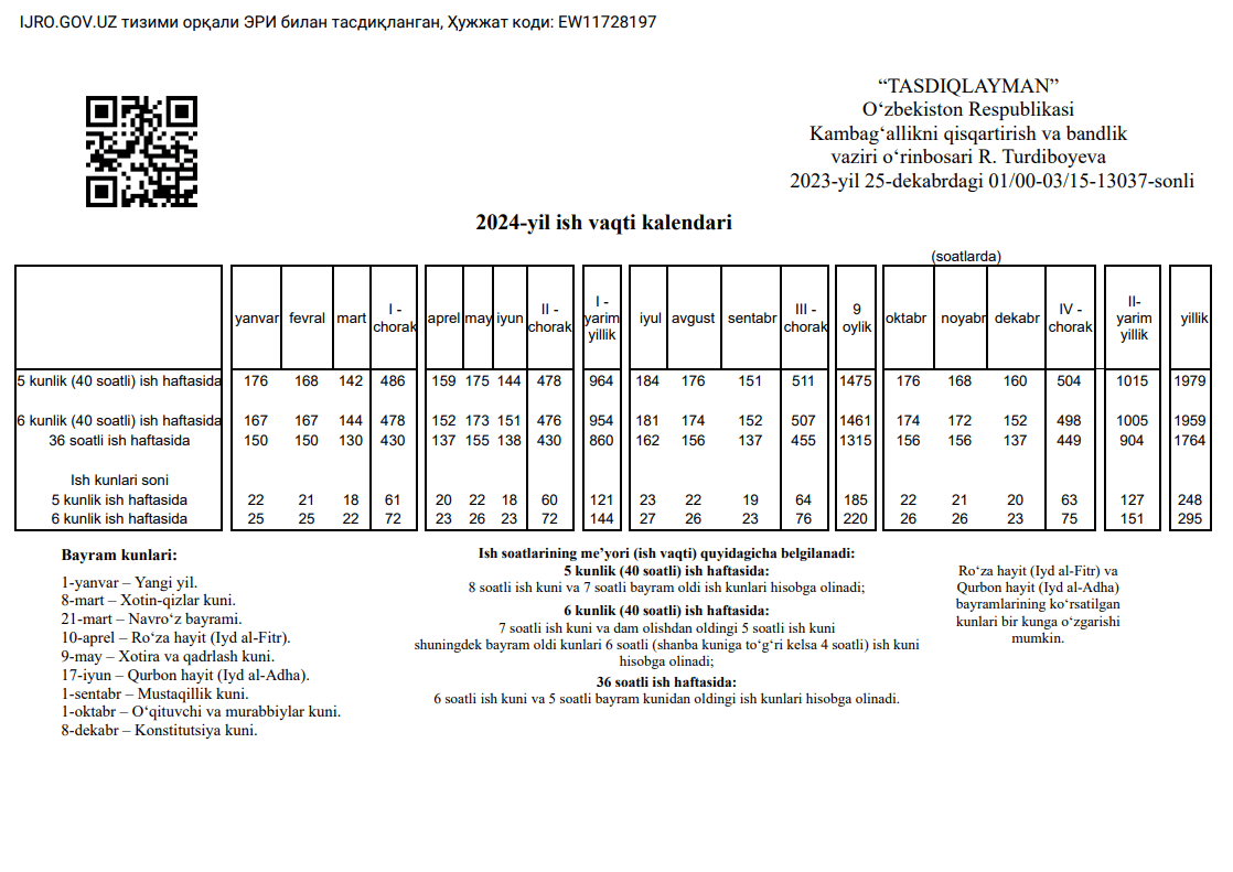 2024-yildagi ish kunlari kalendari