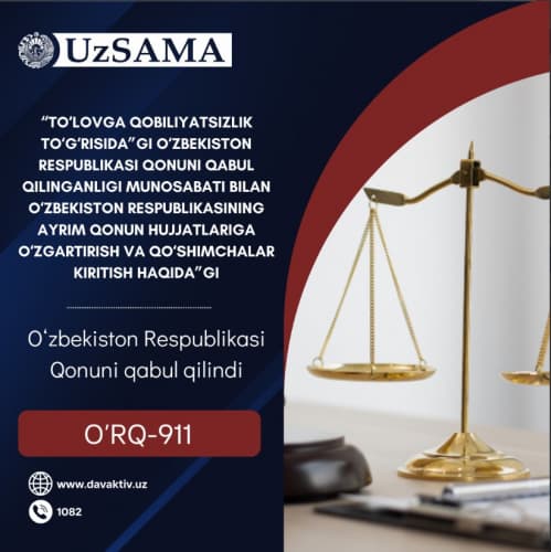 “Toʻlovga qobiliyatsizlik toʻgʻrisida”gi Oʻzbekiston Respublikasi Qonuni qabul qilinganligi munosabati bilan Oʻzbekiston Respublikasining ayrim qonun hujjatlariga oʻzgartirish va qoʻshimchalar kiritish haqida”gi Oʻzbekiston Respublikasi Qonuni qabul qilin