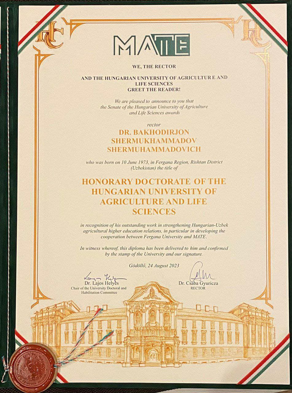 ФарДУ ректори Венгрияда “фан доктори” бўлди