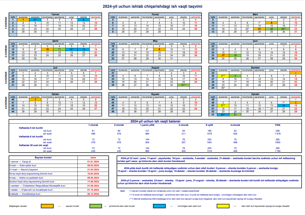 2024-yildagi ish kunlari kalendari
