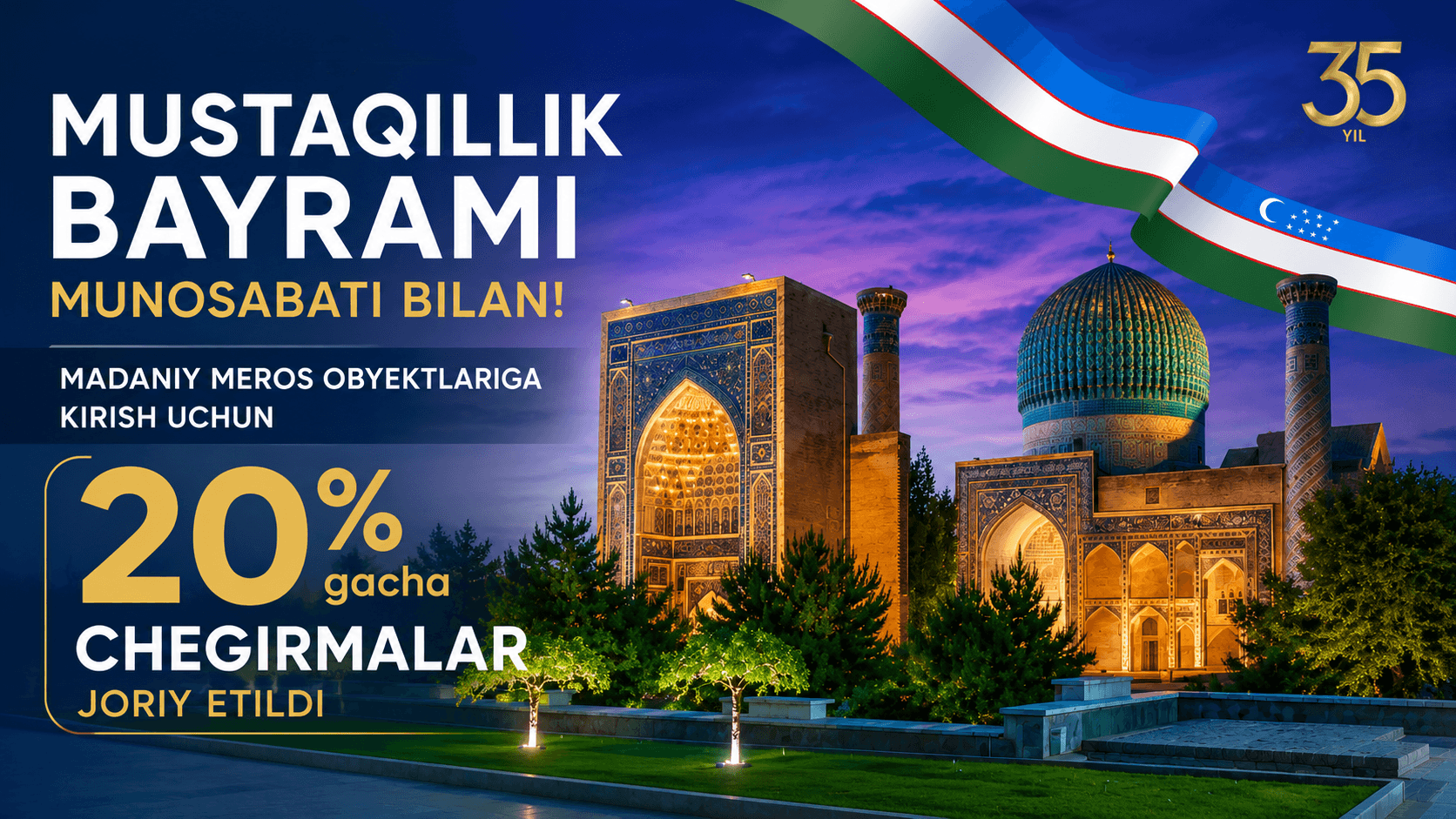 Mustaqillik bayrami munosabati madaniy meros obyektlariga kirish uchun 20 foizgacha chegirmalar joriy etildi