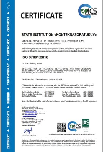 «Kontexnazorato’quv» действует на основании международного стандарта ISO 37001:2016