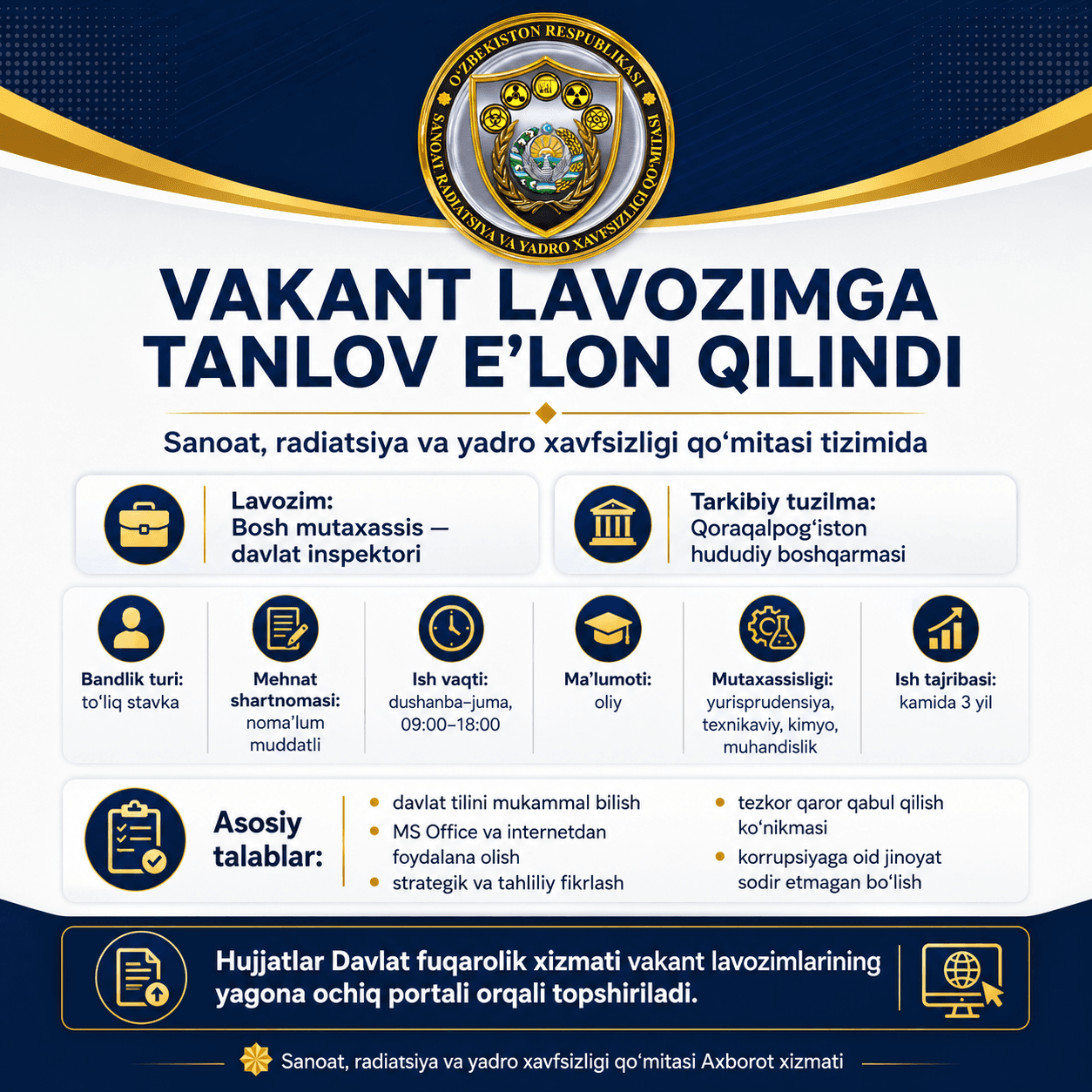 A competition for a vacant position in the system of the Committee on Industrial, Radiation and Nuclear Safety has been announced