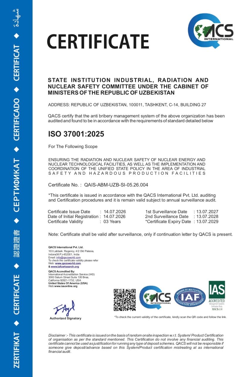Qo‘mitaga ISO 9001:2015 va ISO 37001:2025 xalqaro standartlari bo‘yicha sertifikatlar tantanali ravishda taqdim etildi