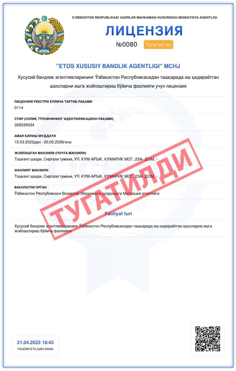The activities of “Etos xususiy bandlik agentligi” LLC have been terminated!