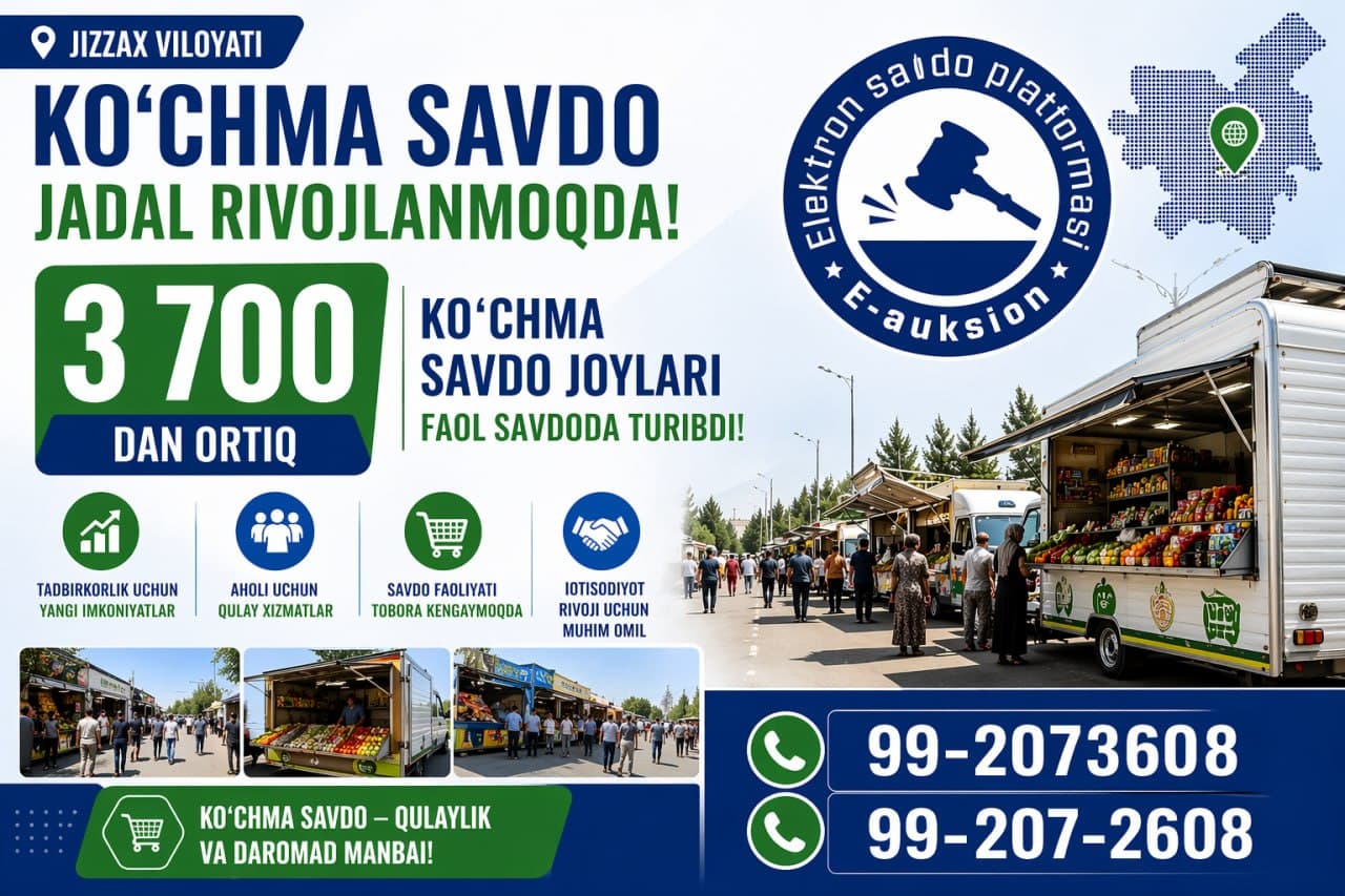 Ko'chma savdo joylari "E-auksion" elektron savdo platformasida 36 oy muddatga sotiladi.