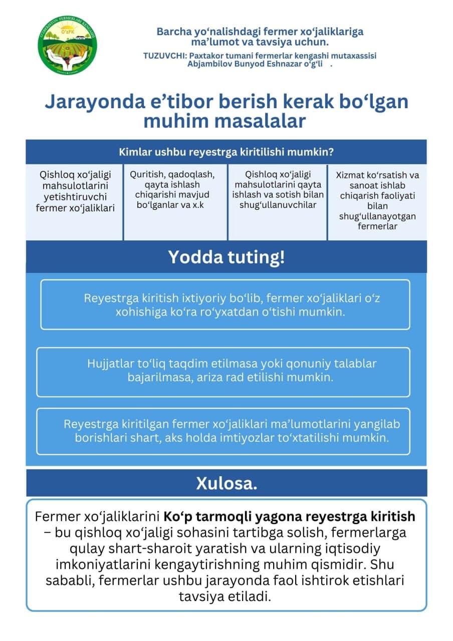 Fermer xo‘jaliklarini Ko‘p tarmoqli yagona reyestrga kiritish – barqaror rivojlanish kafolati