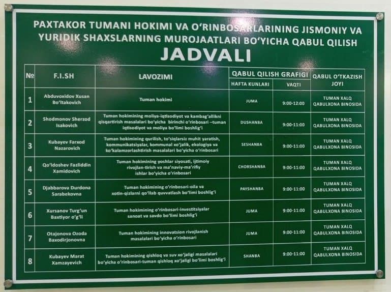 PAXTAKOR TUMANI HOKIMI O‘RINBOSARLARINING QABUL JADVALI