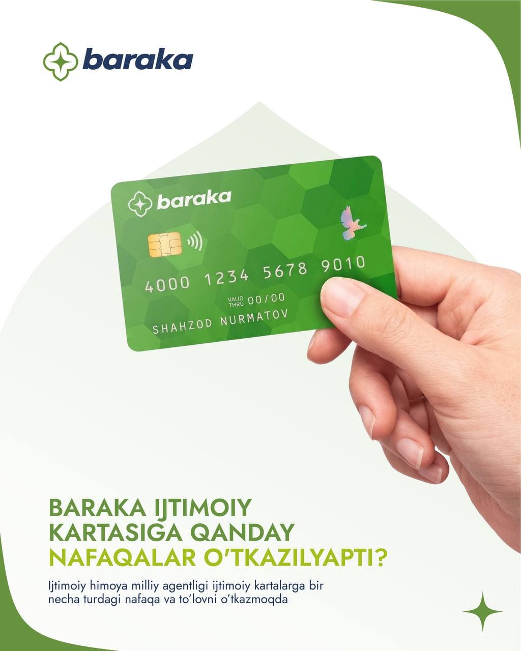 Baraka kartasiga qanday ijtimoiy to’lovlar o’tkazilmoqda? ⠀