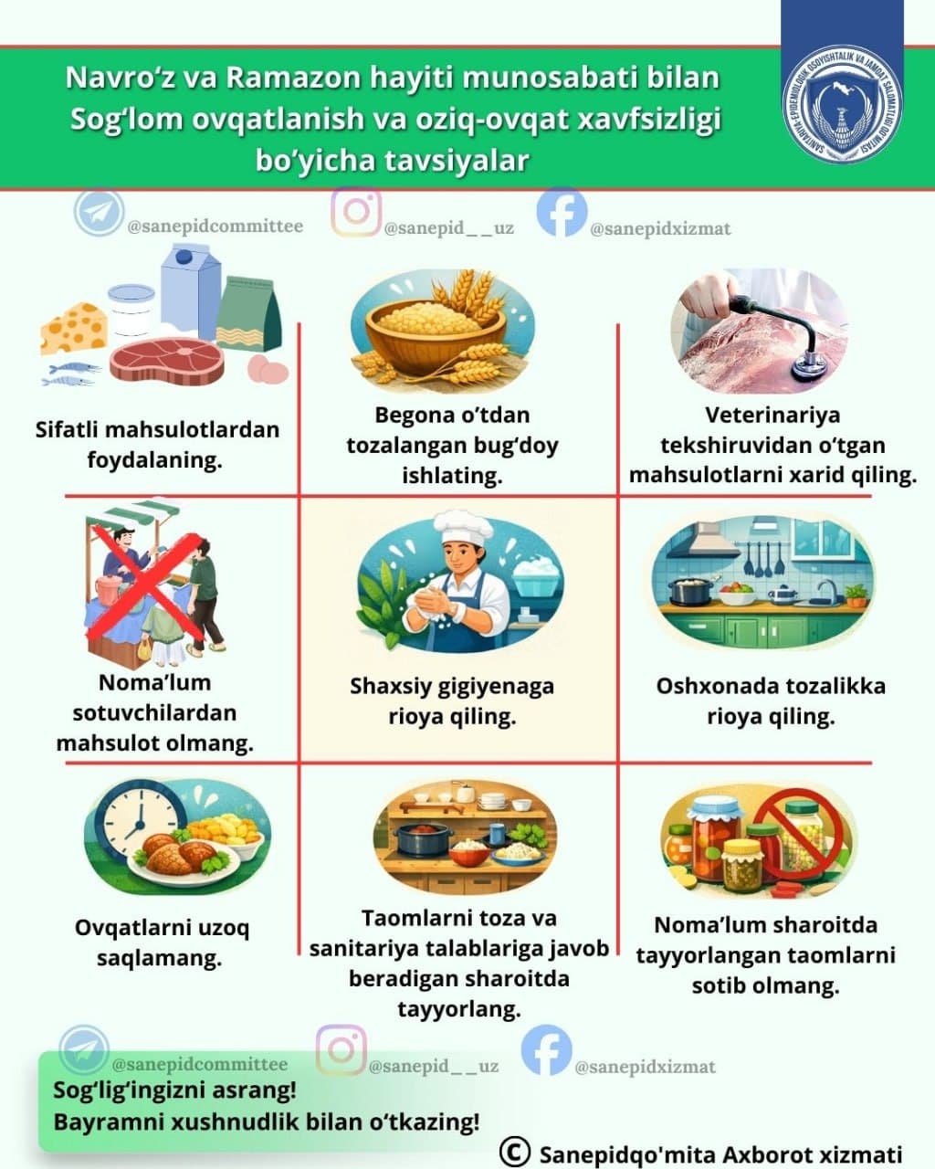 NAVRO‘Z VA RAMAZON HAYITI MUNOSABATI BILAN SOG‘LOM OVQATLANISH VA OZIQ-OVQAT XAVFSIZLIGI BORASIDAGI TAVSIYALAR
