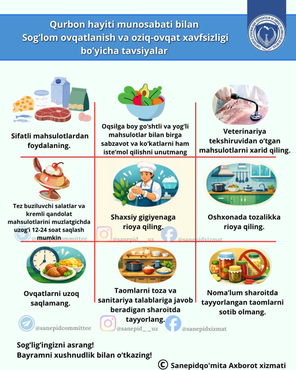 QURBON HAYITI MUNOSABATI BILAN SOG‘LOM OVQATLANISH VA OZIQ-OVQAT XAVFSIZLIGI BORASIDAGI TAVSIYALAR