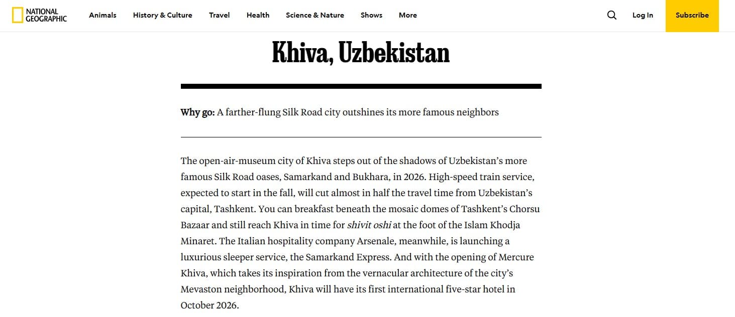 Khiva named one of the top travel destinations for 2026 by National Geographic