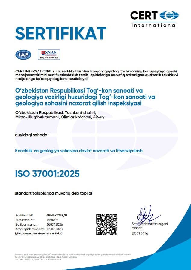 Tog‘-kon sanoati va geologiya sohasini nazorat qilish inspeksiyasi ISO 37001:2025 xalqaro sertifikatini qo‘lga kiritdi