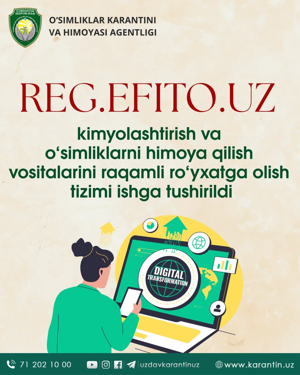REG.EFITO.UZ – kimyolashtirish va o‘simliklarni himoya qilish vositalarini raqamli ro‘yxatga olish tizimi ishga tushirildi