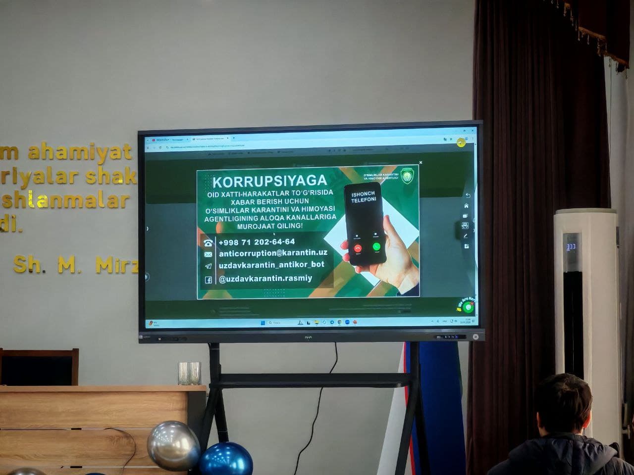 O‘simliklar karantini va himoyasi agentligi tizimida faoliyat yuritayotgan mutaxassislar uchun tashkil etilgan 1 haftalik malaka oshirish o‘quv kurslari doirasida Korrupsiyaga qarshi kurashish bo‘limi xodimlari tomonidan korrupsiyaga qarshi kurashish bo‘y