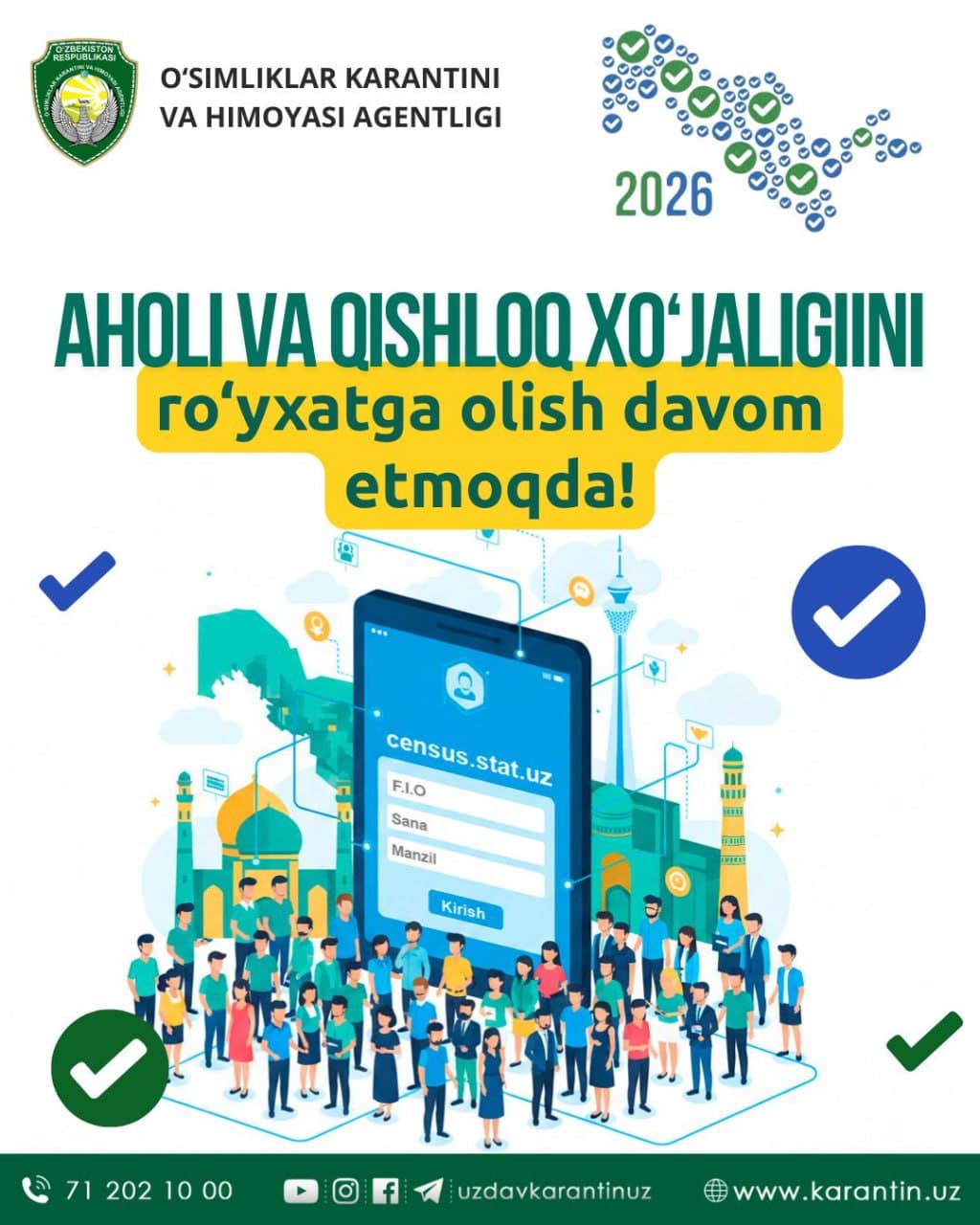 Aholi va qishloq xo‘jaligini ro‘yxatga olish davom etmoqda!