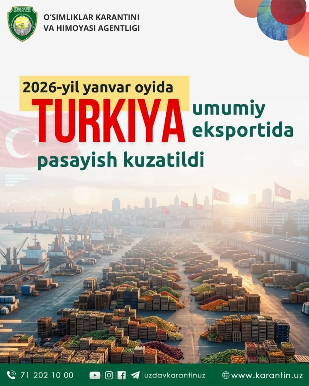 Joriy yilning yanvar oyida Turkiya umumiy eksportida pasayish kuzatildi