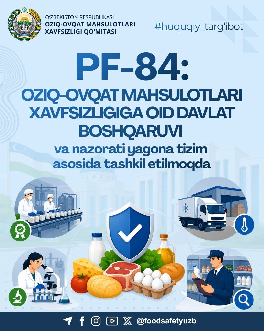 PF-84: oziq-ovqat mahsulotlari xavfsizligiga oid davlat boshqaruvi va nazorati yagona tizim asosida tashkil etilmoqda