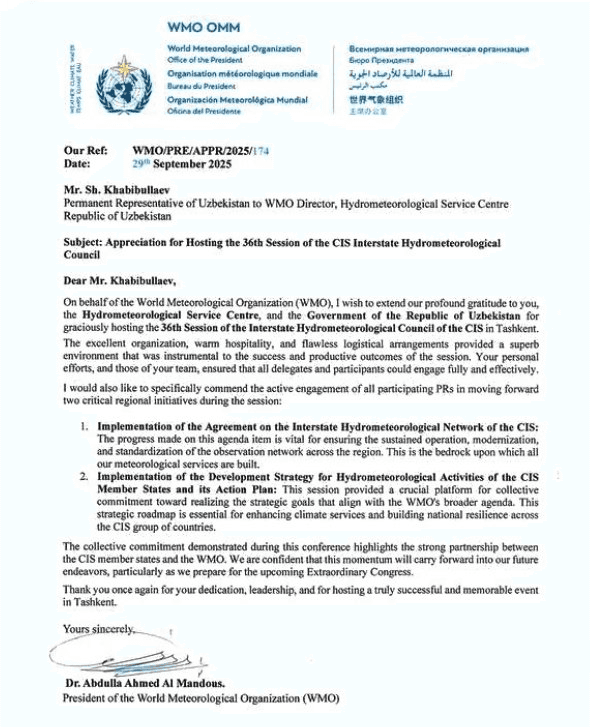 O‘zgidromet tomonidan Toshkent shahrida “MDH Davlatlararo gidrometeorologiya kengashining 36-sessiyasi” o‘tkazildi.