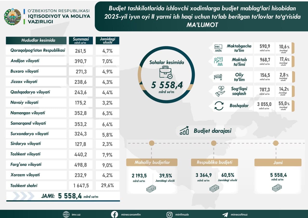 Budjet tashkilotlarida ishlovchi xodimlarga budjet mablagʻlari hisobidan 2025-yil iyun oyi II yarmi ish haqi uchun toʻlab barilgan toʻlovlar toʻgʻrisida ma'lumot