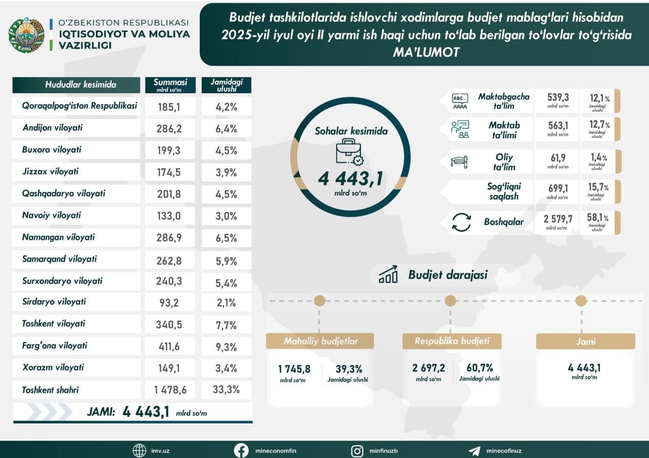 Budjet tashkilotlarida ishlovchi xodimlarga budjet mablag'lari hisobidan 2025-yil iyul oyining || yarmi ish haqi uchun to'lab berilgan to'lovlar to'g'risida ma'lumot