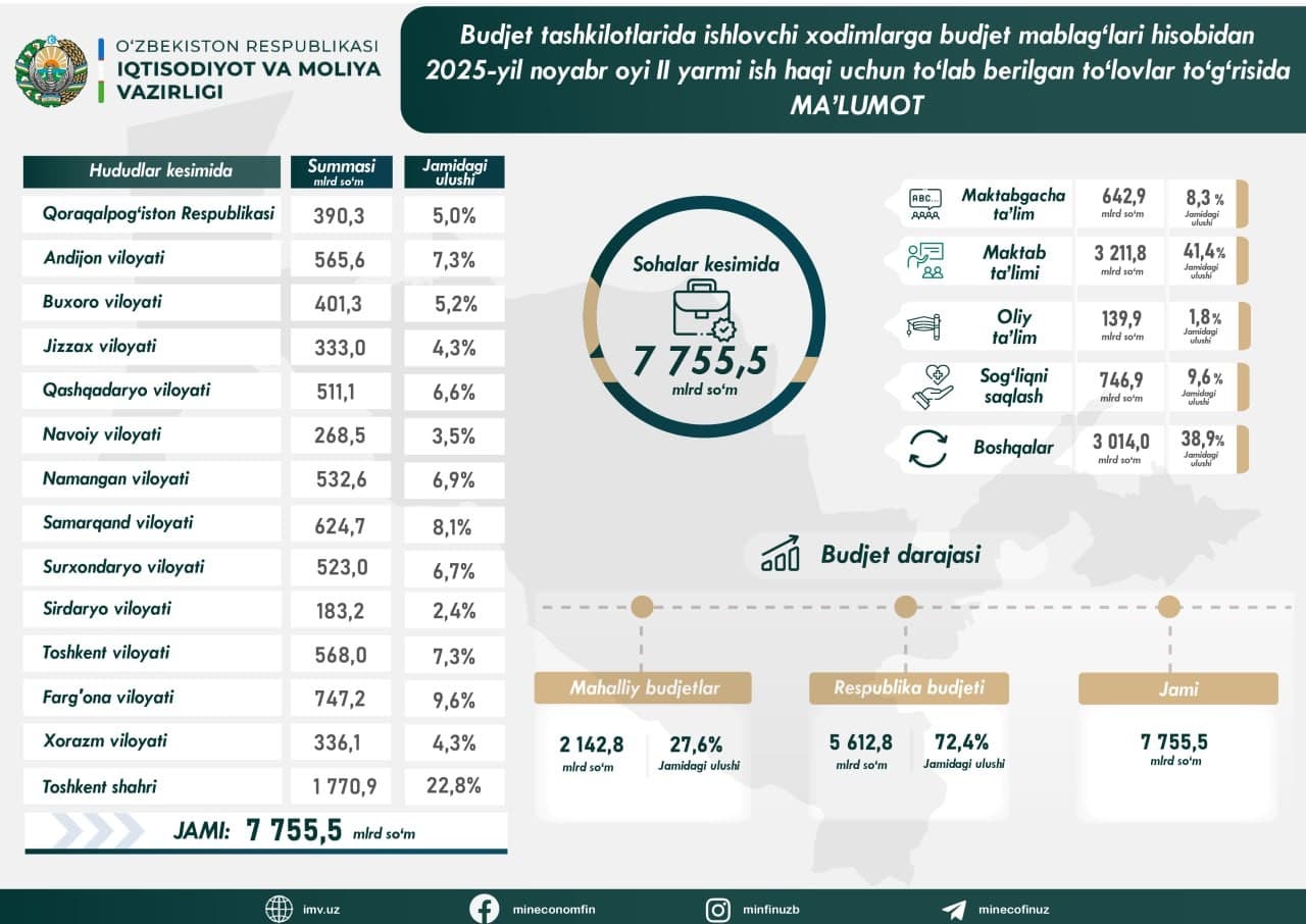 Budjet tashkilotlarida ishlovchi xodimlarga budjet mablagʻlari hisobidan 2025-yil noyabr oyining II yarmi ish haqi uchun toʻlab barilgan toʻlovlar toʻgʻrisida ma'lumot