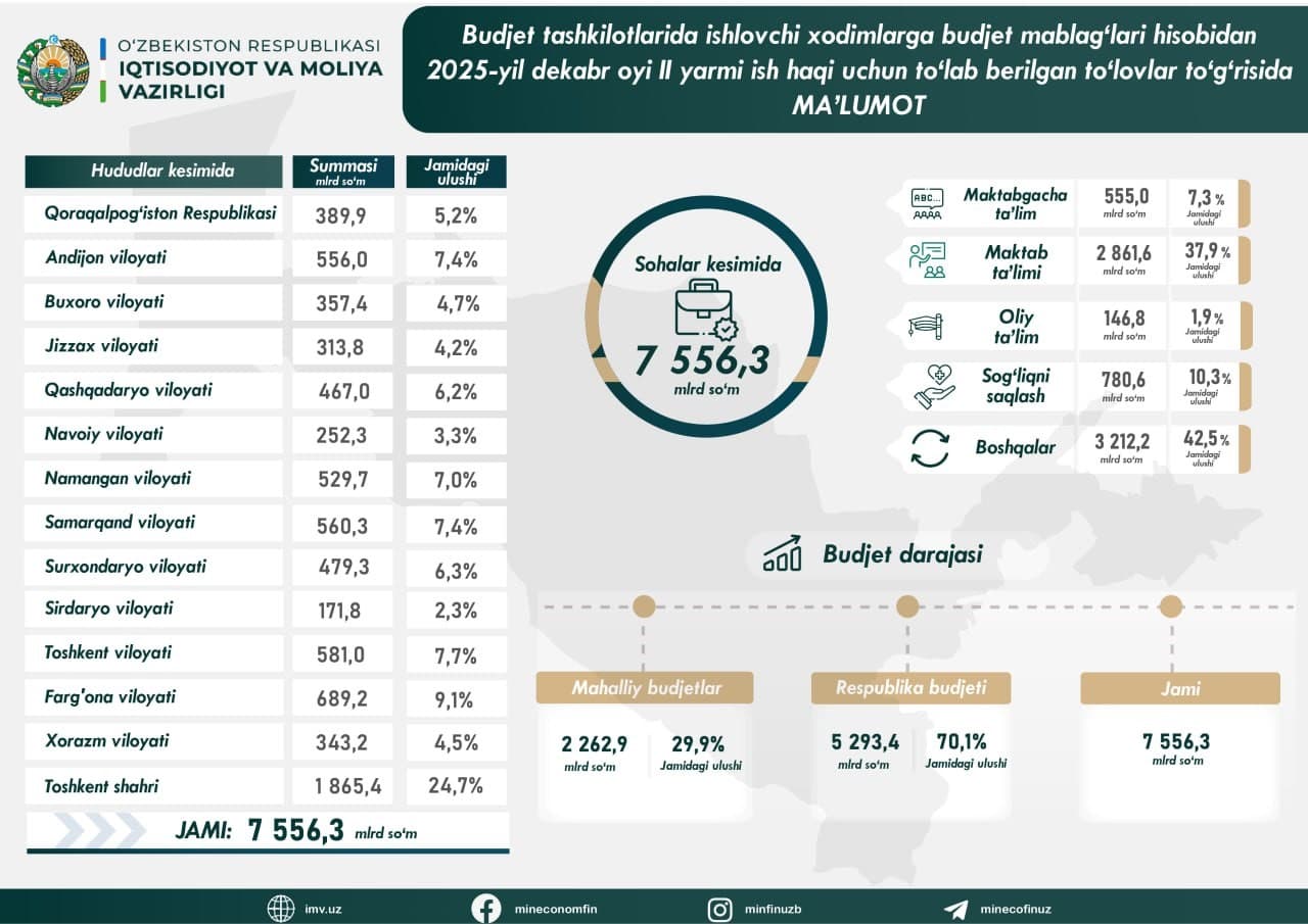 Budjet tashkilotlarida ishlovchi xodimlarga budjet mablagʻlari hisobidan 2025-yil dekabr oyining II yarmi ish haqi uchun toʻlab barilgan toʻlovlar toʻgʻrisida ma'lumot