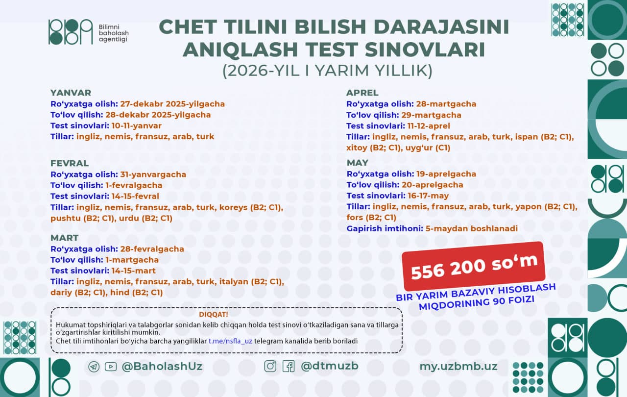 2026-yilning 1-yarmida bo‘lib o‘tadigan chet tili imtihonlari