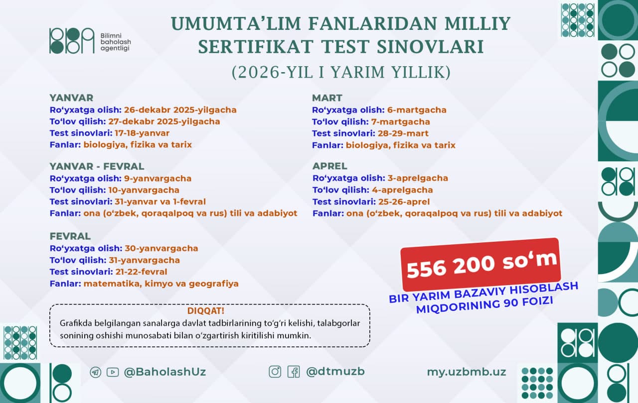 Umumta'lim fanlaridan 2026-yilning 1-yarmida bo‘lib o‘tadigan milliy sertifikat imtihonlari