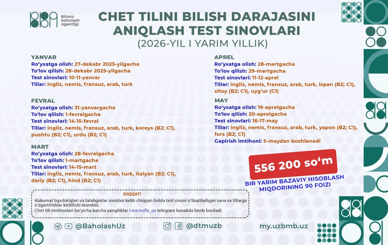2026-yilning 1-yarmida bo‘lib o‘tadigan chet tili imtihonlari