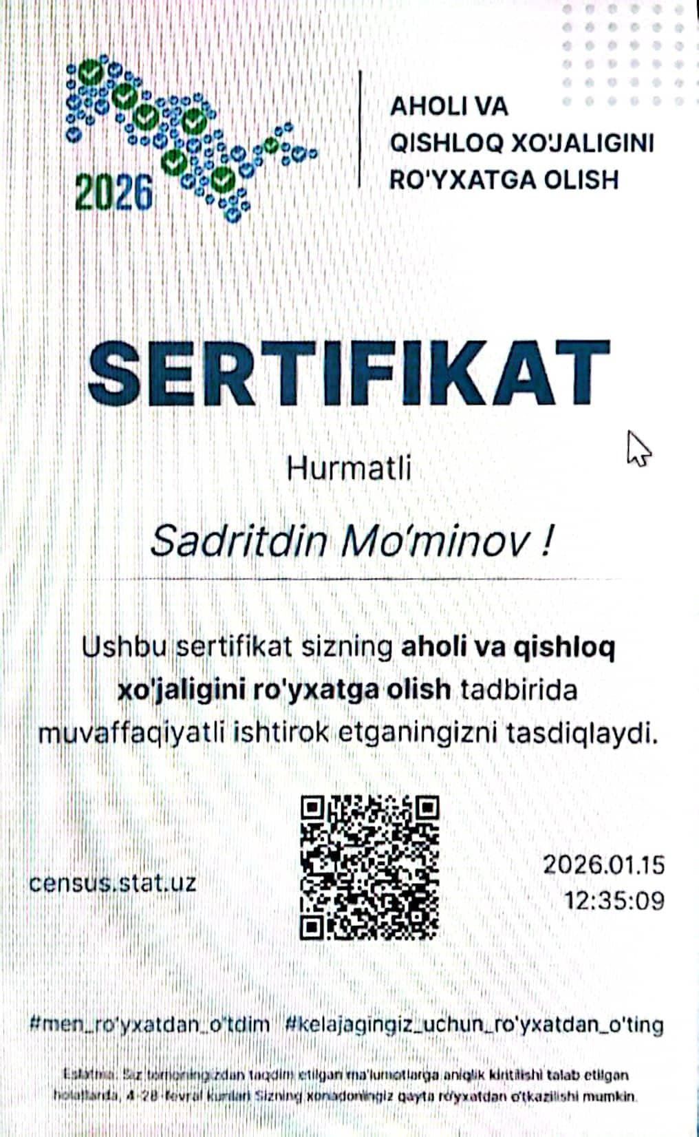 census.stat.uz bilan Namangan tumani hokimi Mo`minov Sadritdin Zokirovich