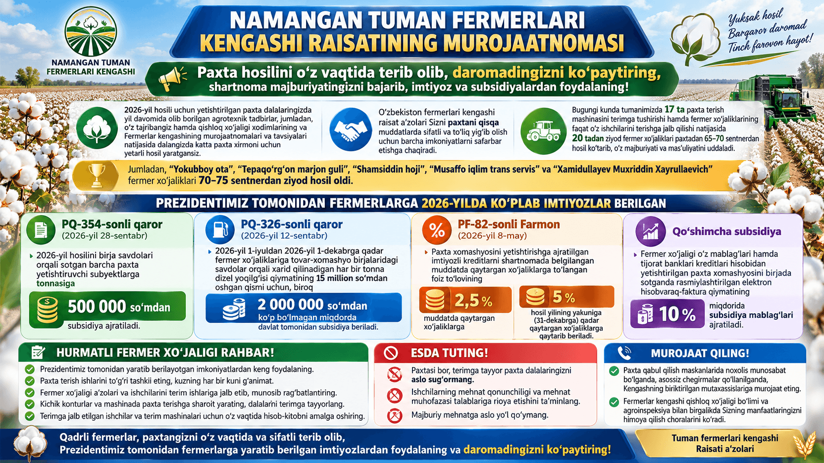 NAMANGAN TUMAN FERMERLARI KENGASHI RAISATINING MUROJAATNOMASI