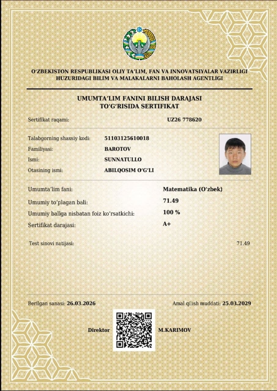 ⚡️13 yoshli dehqonobodlik o‘quvchi matematikadan A+, ingliz tilidan B2 darajasini qo‘lga kiritdi