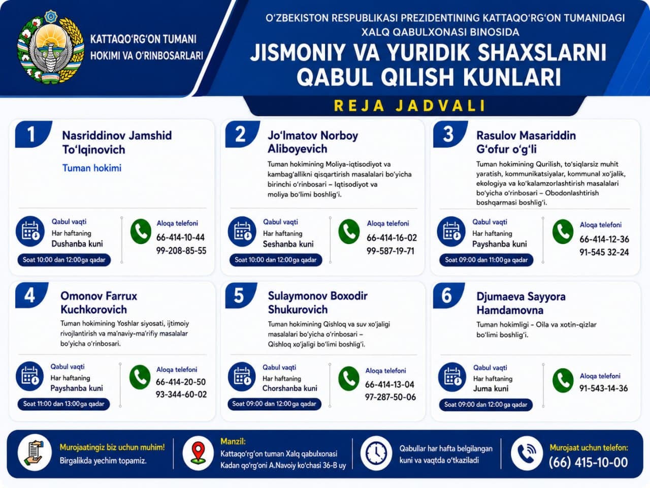 Kattaqo‘rg‘on tuman hokimi va o'rinbosarlari qabul grafigi