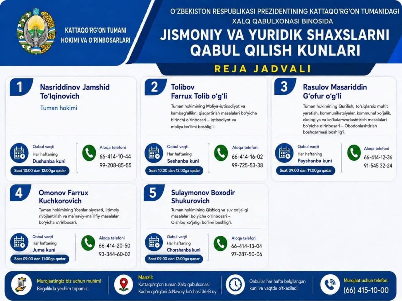 Kattaqo‘rg‘on tumani hokimi va o‘rinbosarlarining tuman xalq qabulxonasi binosida jismoniy va yuridik shaxslarni qabul qilish kunlari jadvali