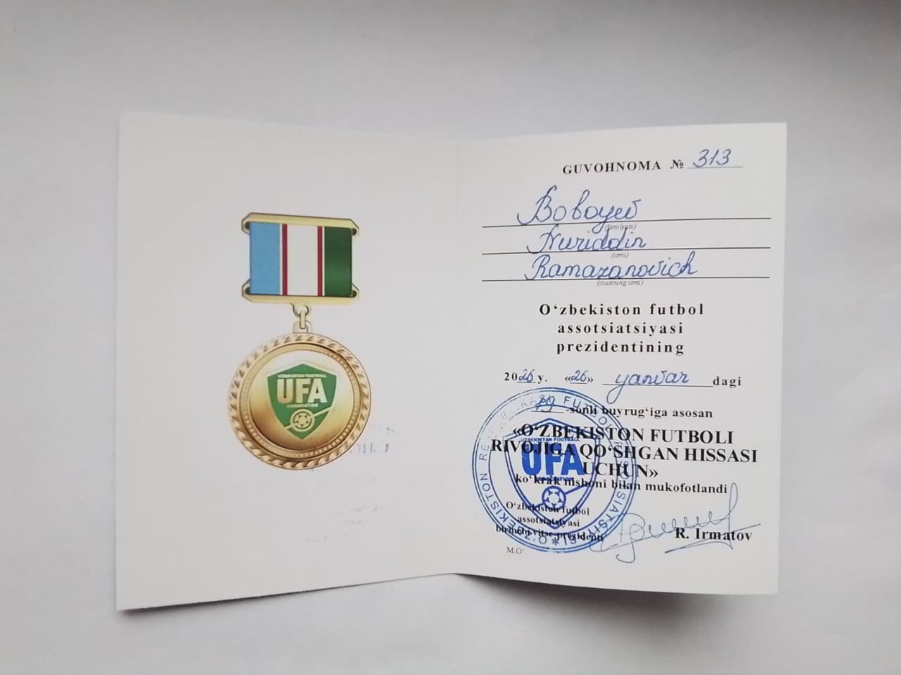 Tumandoshimizning futbol rivojiga qo'shgan hissasi munosib e’tirof etildi