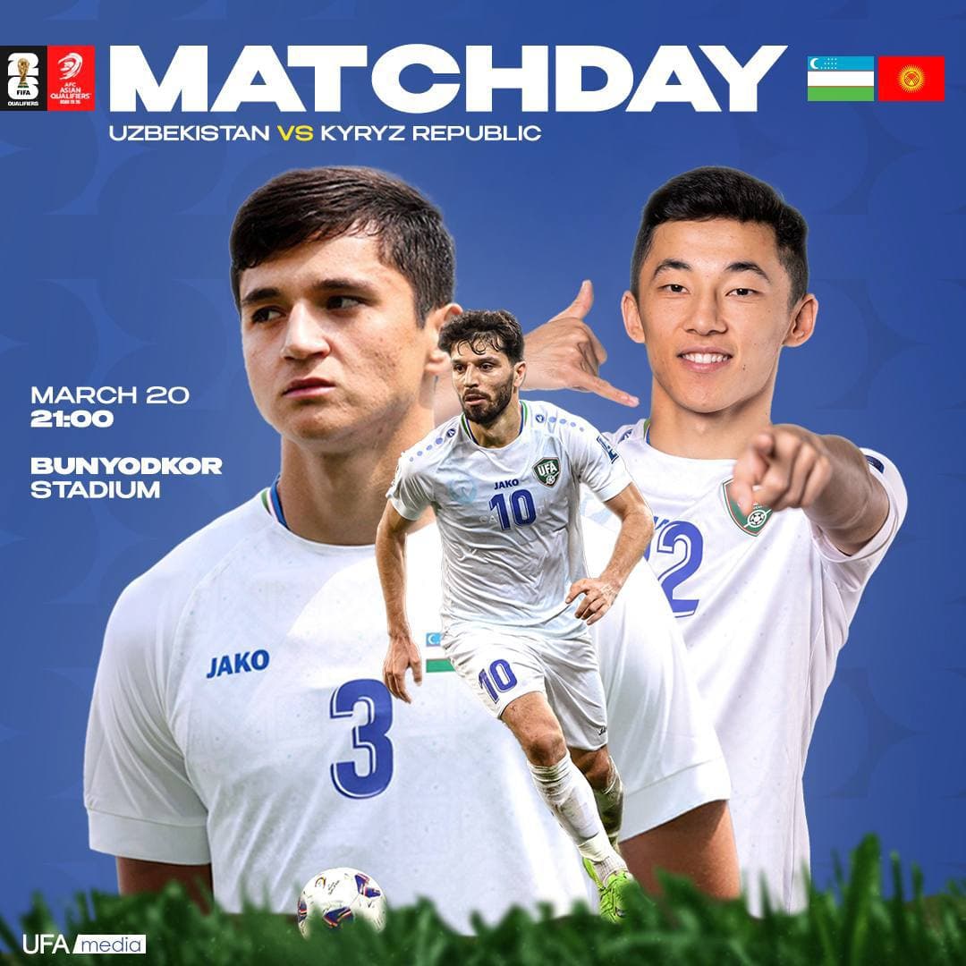 Futbol boʻyicha Oʻzbekiston milliy terma jamoasi JCh-2026 3-saralash bosqichi doirasida Qirgʻiz Respublikasi jamoasini qabul qiladi.