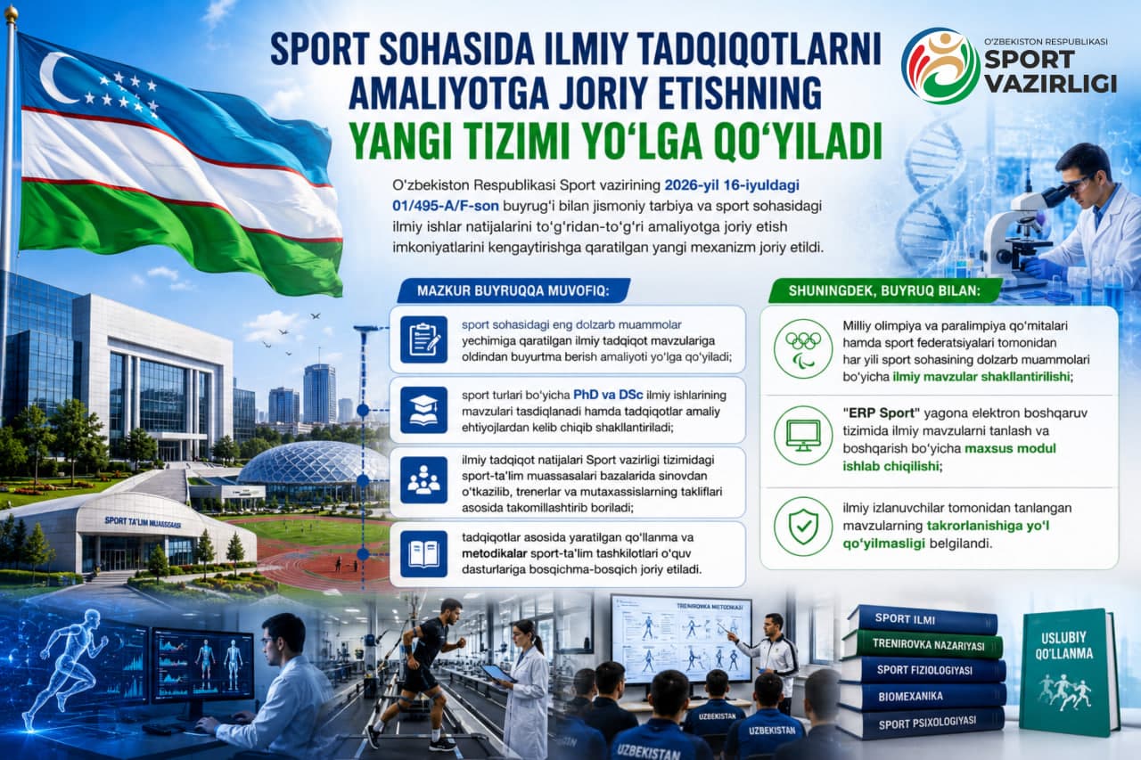 Sport sohasida ilmiy tadqiqotlarni amaliyotga joriy etishning yangi tizimi yo‘lga qo‘yiladi