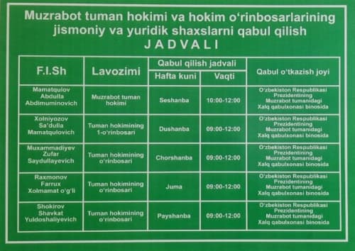 Muzrabot tumani hokimi hamda tarmoqlar bo‘yicha hokim o‘rinbosarlarining hafta davomida o‘tkaziladigan fuqarolar qabuli kunlari bilan tanishing.