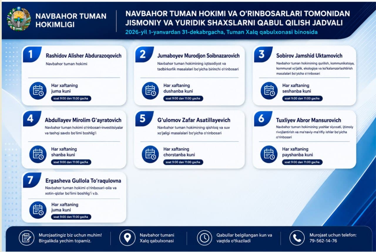 Navbahor tumani hokimi va uning o‘rinbosarlari tomonidan o‘tkaziladigan shaxsiy qabul kunlari va vaqtlari