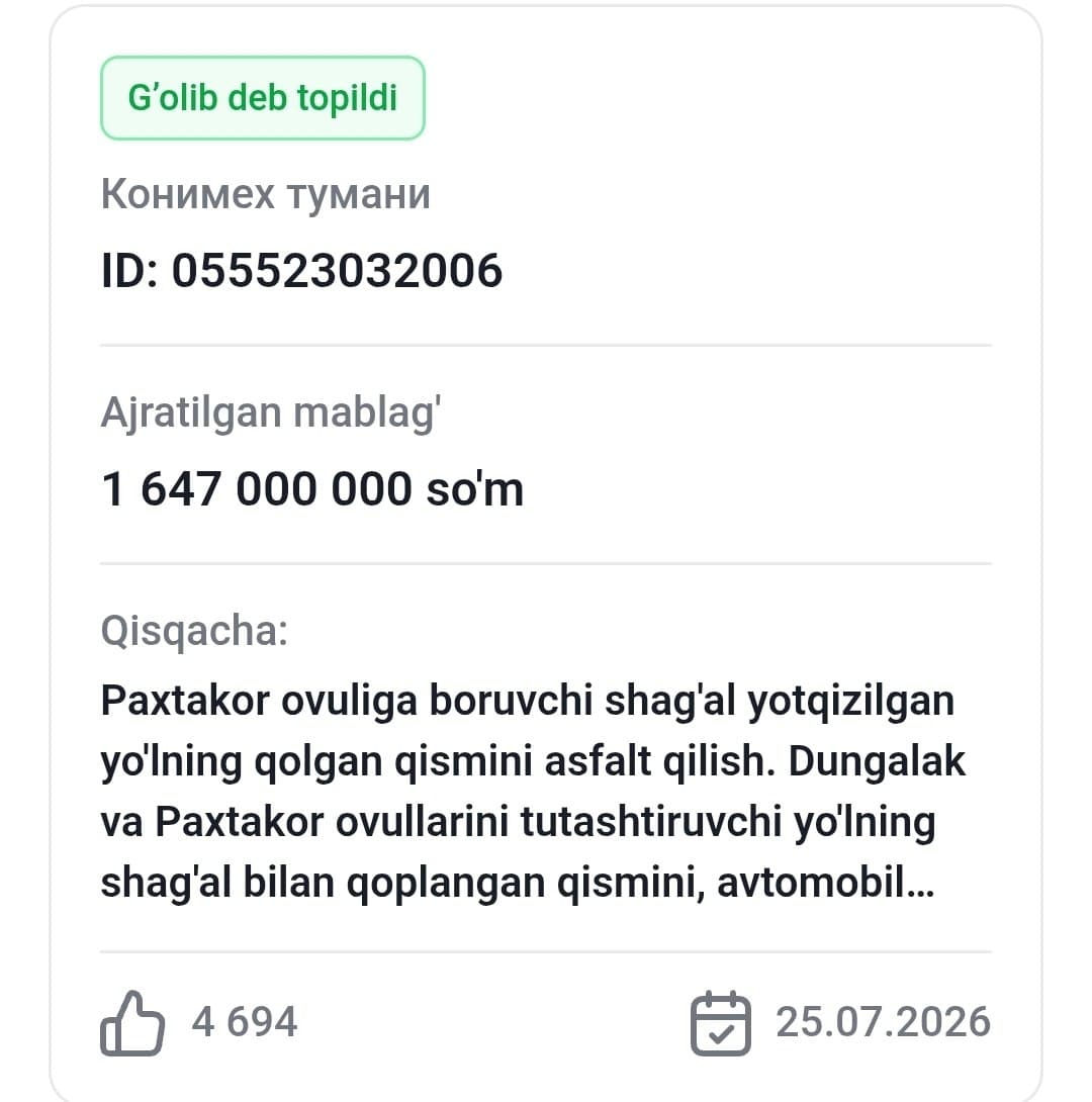 “TASHABBUSLI BUDJET”: G‘OLIBLAR ANIQLANDI.