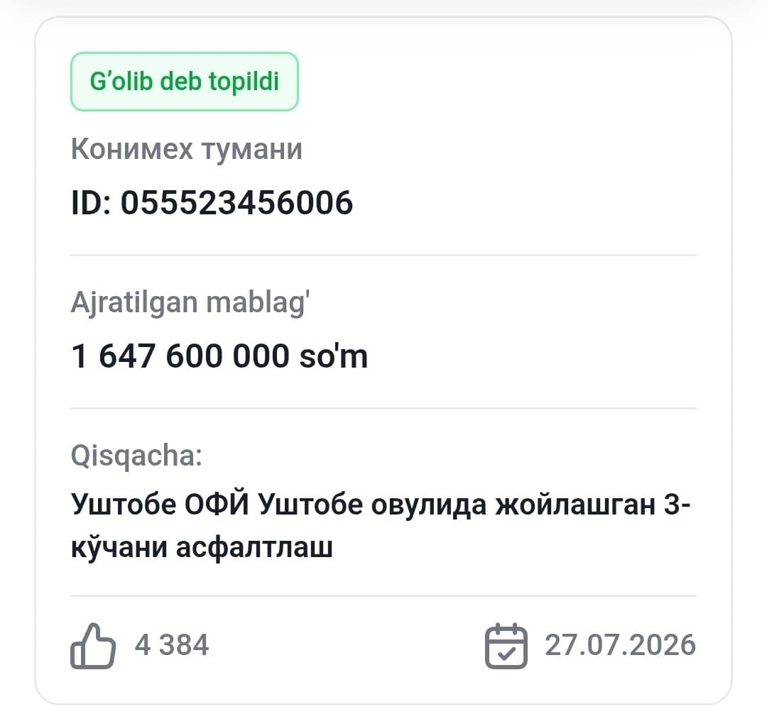 “TASHABBUSLI BUDJET”: G‘OLIBLAR ANIQLANDI.